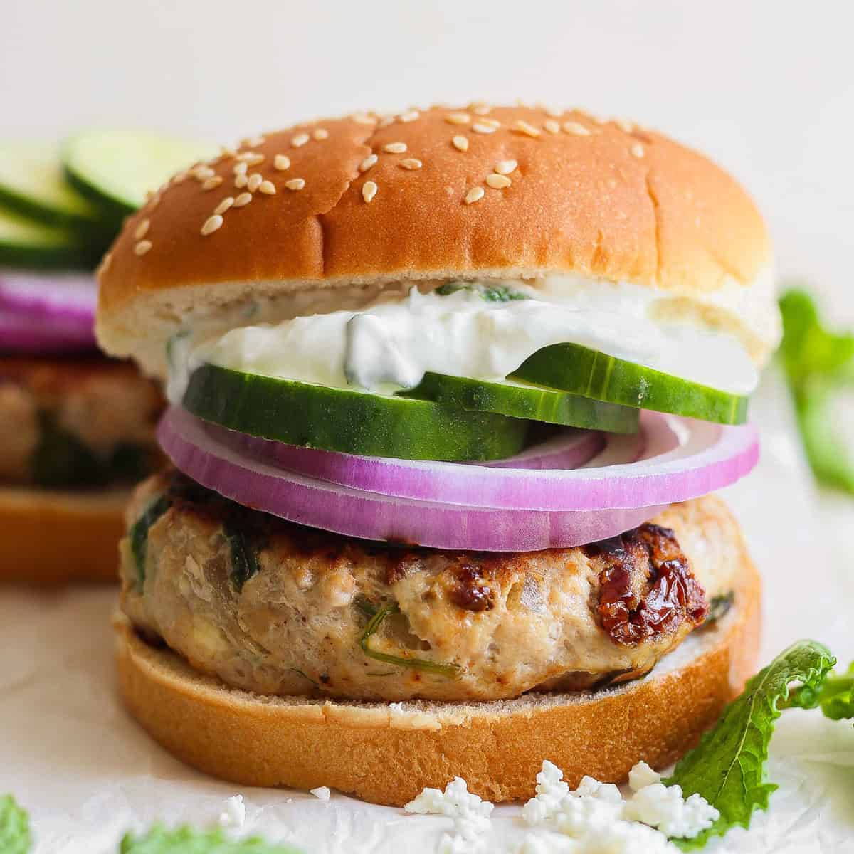 Greek-Inspired Burgers: Feta, Fresh Flavors & Creamy Tzatziki